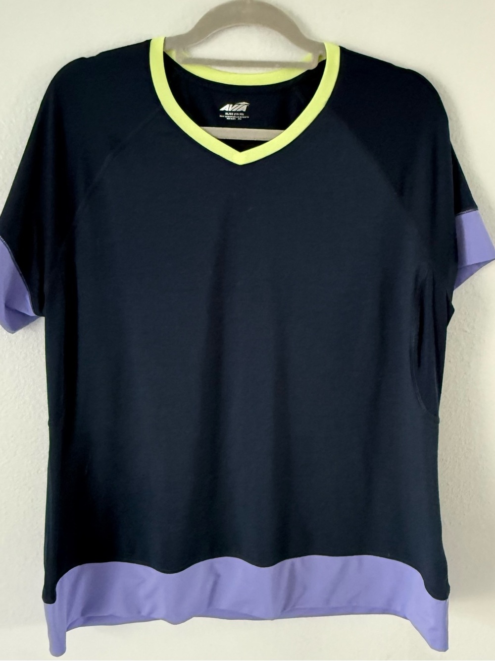Avia Navy Short Sleeve V-Neck Top with Lime Trim and Lavender Accents
